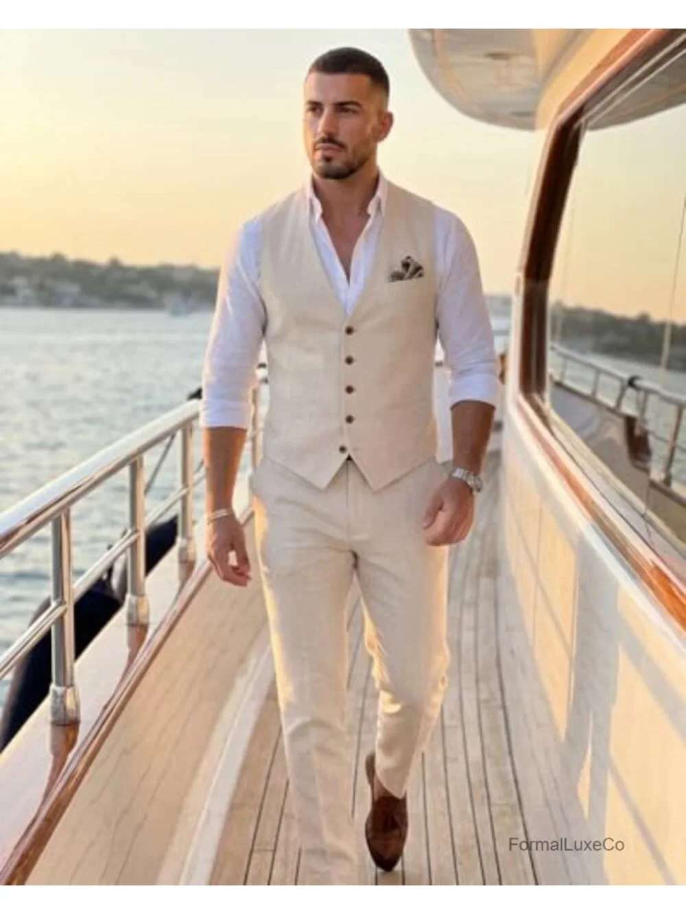 Men's Slim Fit 3 Piece Linen Suit Set with Vest & Pants for Wedding